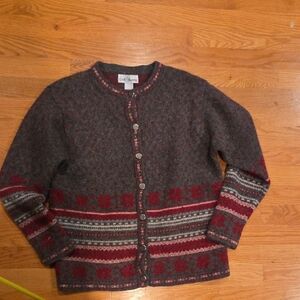 croft & barrow Gray and Red Patterned Wool Cardigan